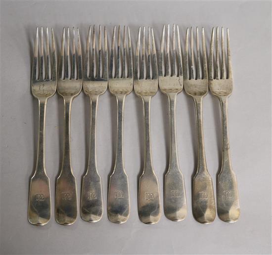A set of eight George V silver fiddle pattern table forks, Sheffield, 1918.